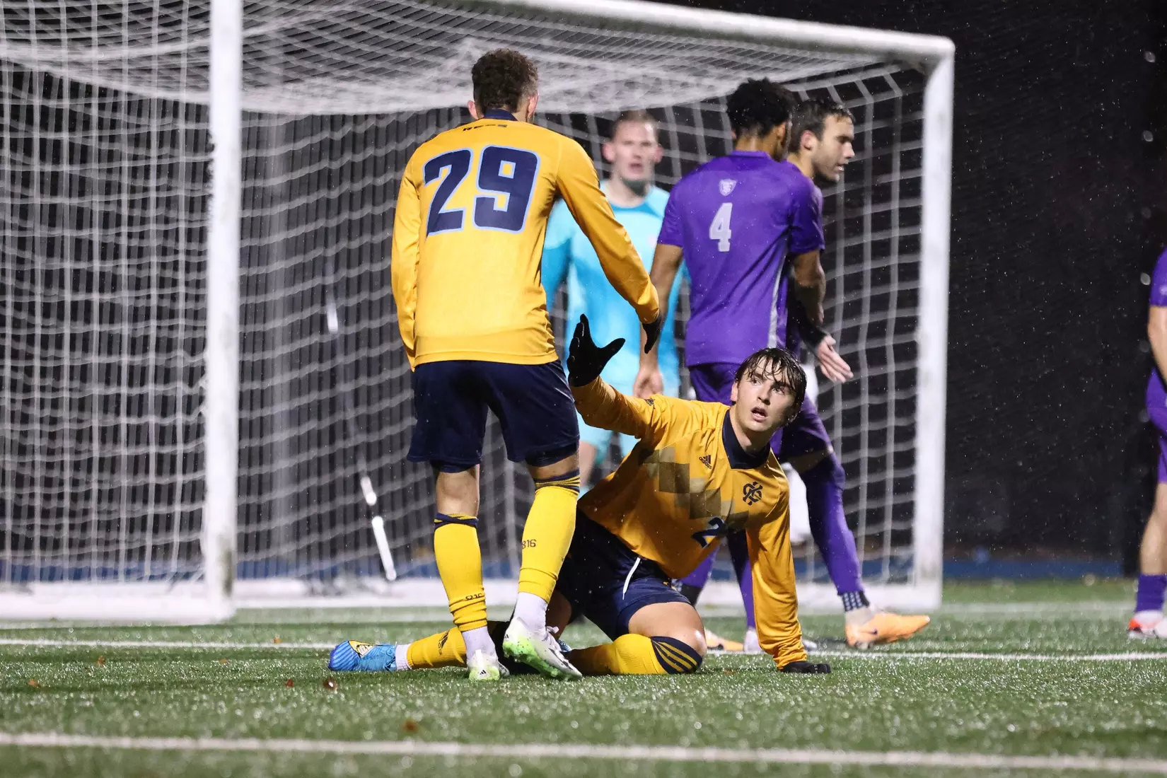 Kansas City Men's Soccer battled the elements and got an 89th minute goal from Edson Murguia to get a Senior Night win over St. Thomas on Oct. 28, 2023.