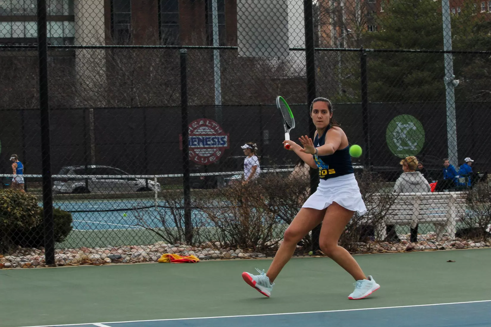 Joana Cardona sets up for a forehand shot in her No. 5 singles match against South Dakota. Cardona eased to a straight-set victory in the Roos' 4-3 win.