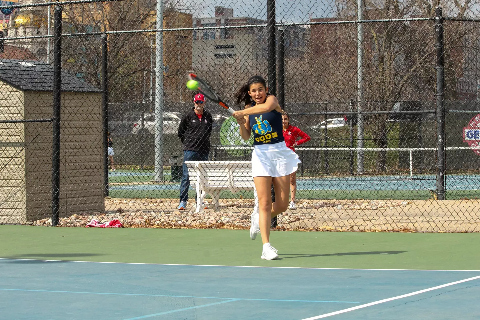 Laura Munoz-Baroja swings through a backhand during her No. 3 singles match against South Dakota. Munoz-Baroja forced three sets, but was unable to emerge with a win.
