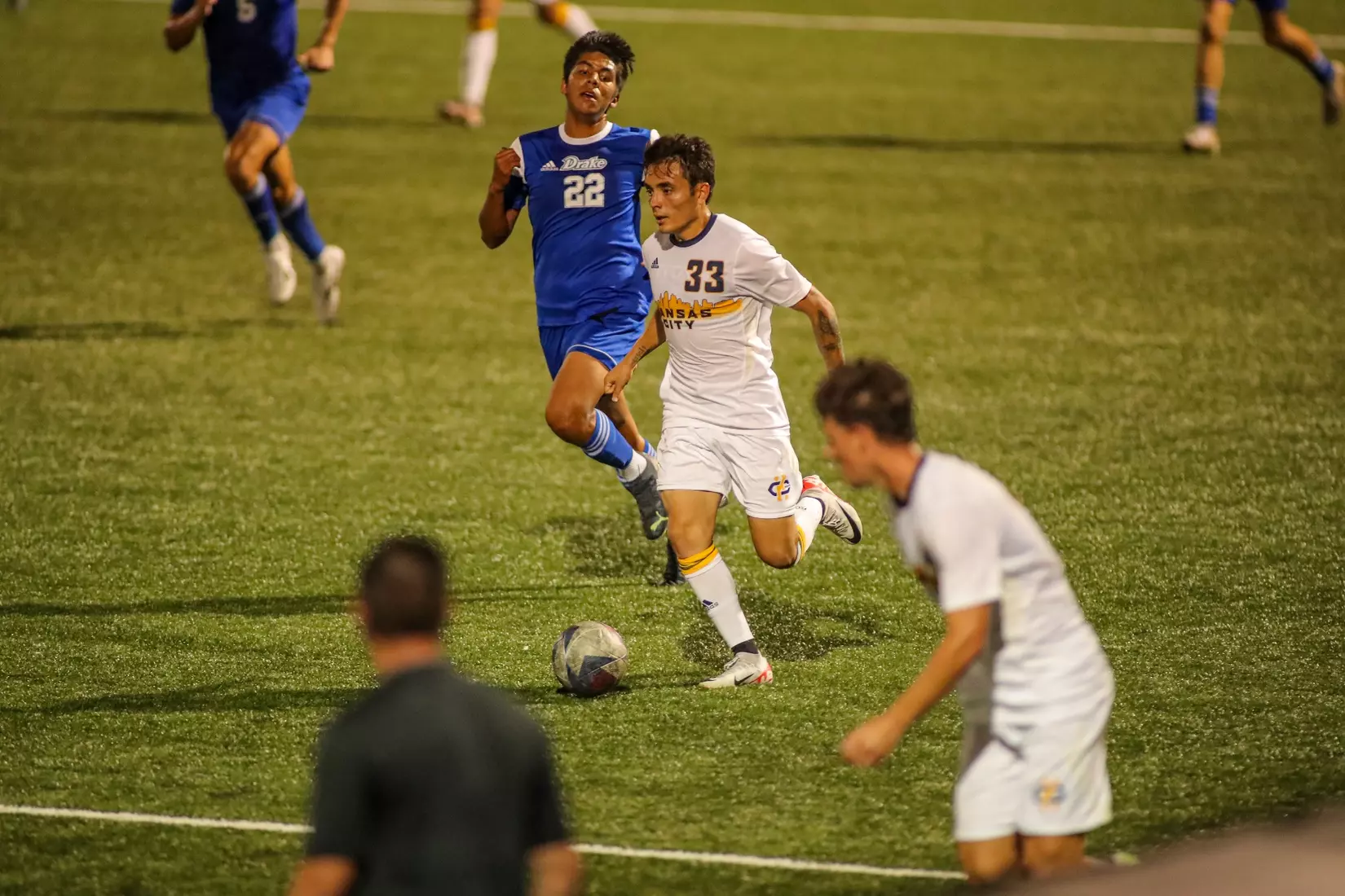 Kansas City Men's Soccer got an offensive explosion and earned its first win of the season over Drake, 4-3, on Sep. 4, 2023.