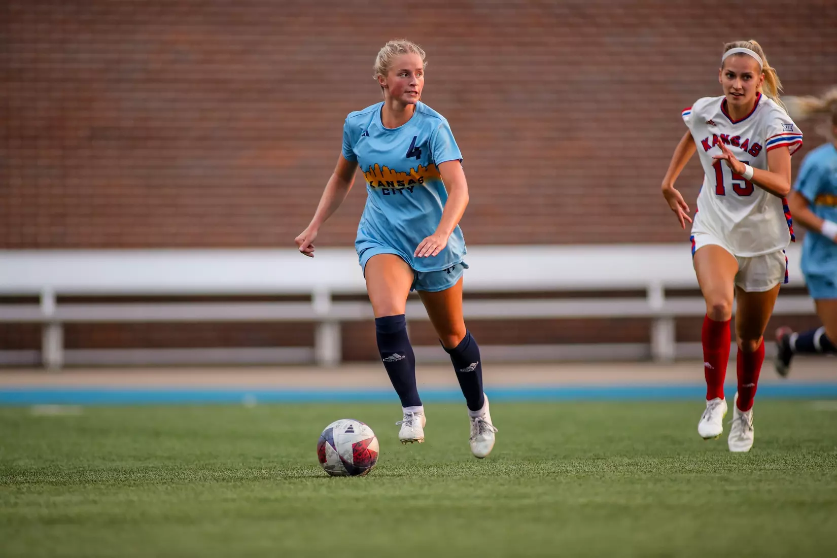 Kansas City Women's Soccer battled with (RV) Kansas on Sep. 7, 2023, forcing a 1-1 draw.
