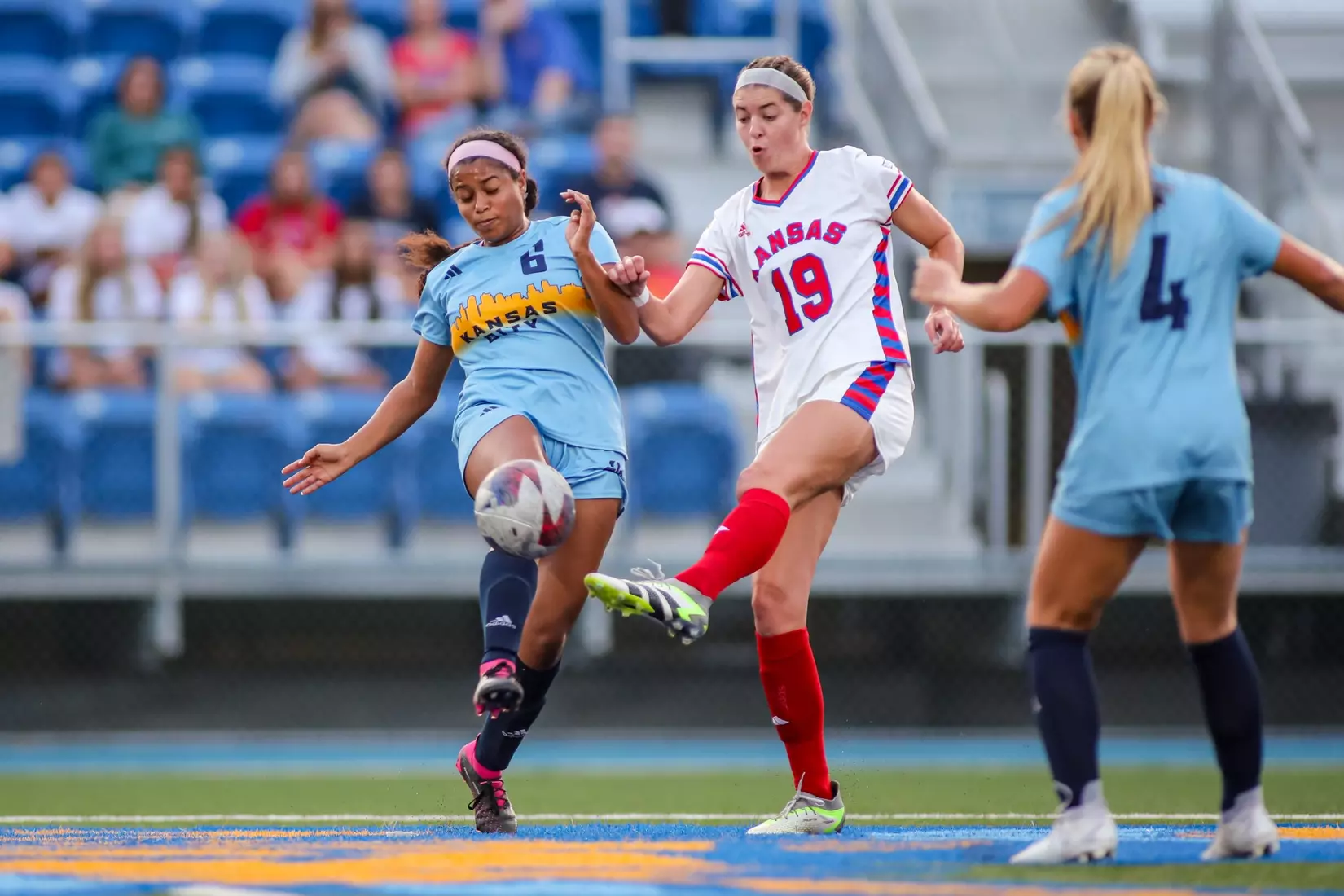 Kansas City Women's Soccer battled with (RV) Kansas on Sep. 7, 2023, forcing a 1-1 draw.