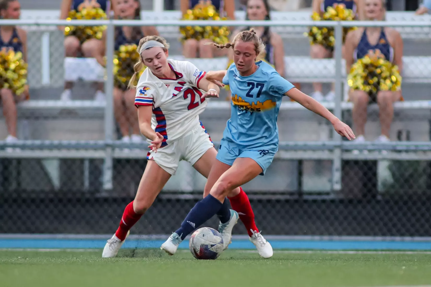 Kansas City Women's Soccer battled with (RV) Kansas on Sep. 7, 2023, forcing a 1-1 draw.