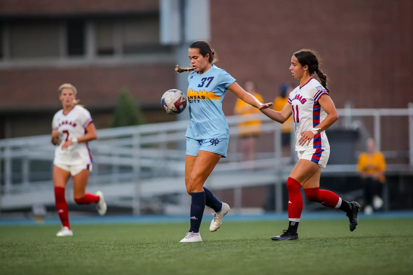 Kansas City Women's Soccer battled with (RV) Kansas on Sep. 7, 2023, forcing a 1-1 draw.