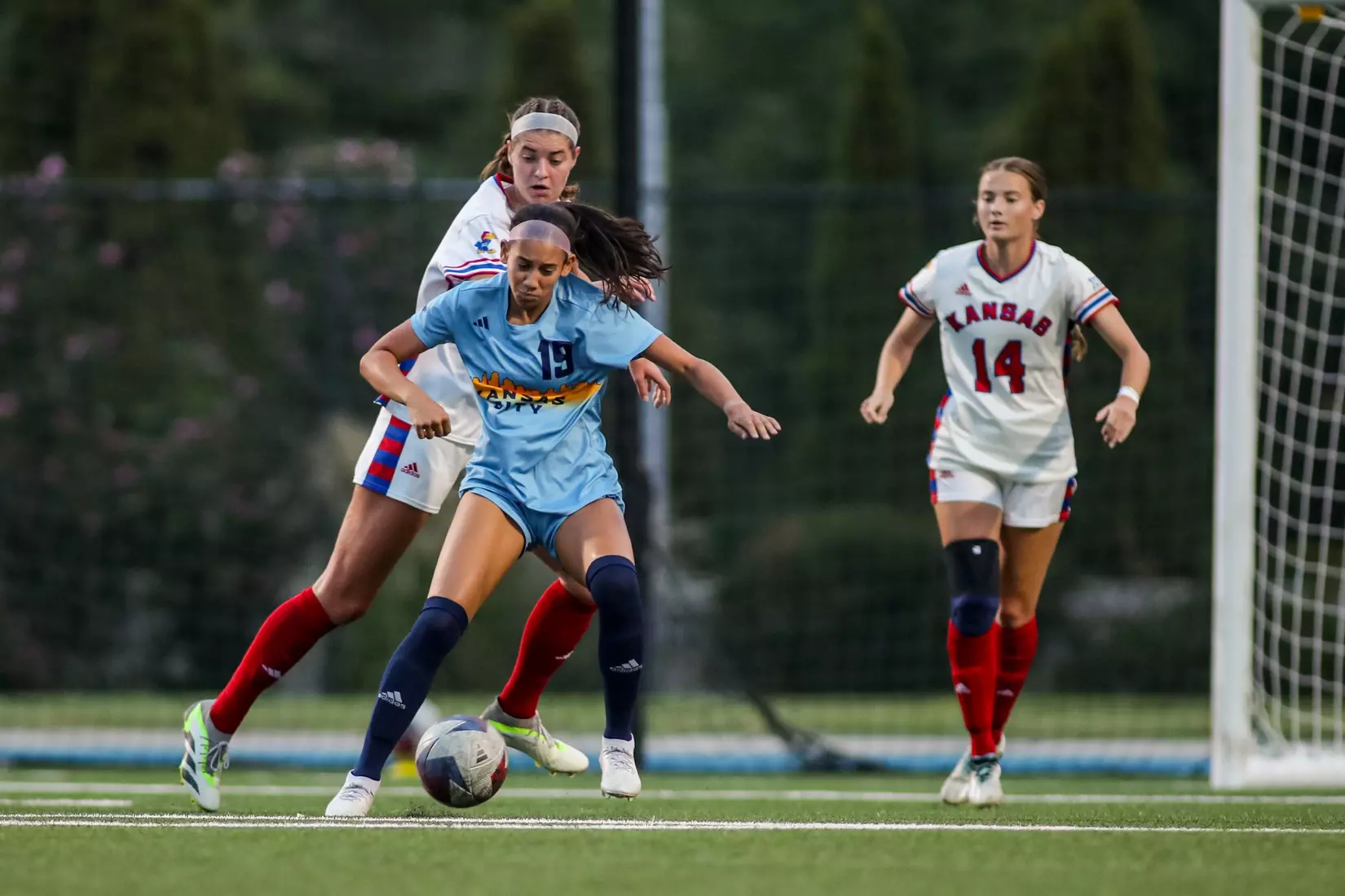 Kansas City Women's Soccer battled with (RV) Kansas on Sep. 7, 2023, forcing a 1-1 draw.