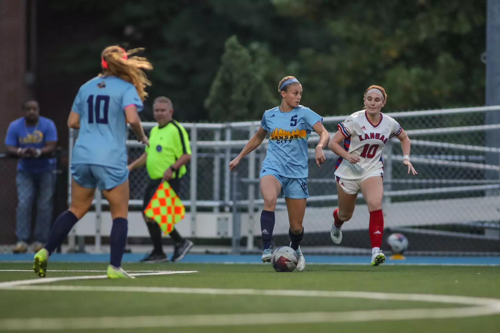 Kansas City Women's Soccer battled with (RV) Kansas on Sep. 7, 2023, forcing a 1-1 draw.