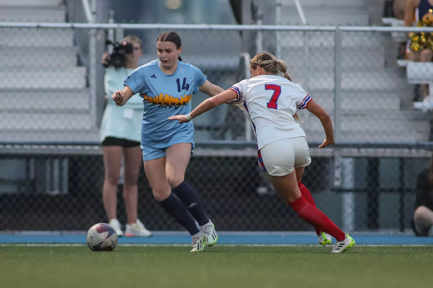 Kansas City Women's Soccer battled with (RV) Kansas on Sep. 7, 2023, forcing a 1-1 draw.