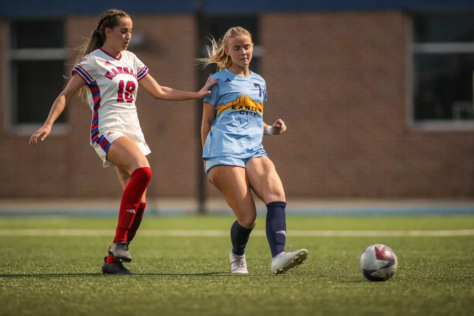 Kansas City Women's Soccer battled with (RV) Kansas on Sep. 7, 2023, forcing a 1-1 draw.