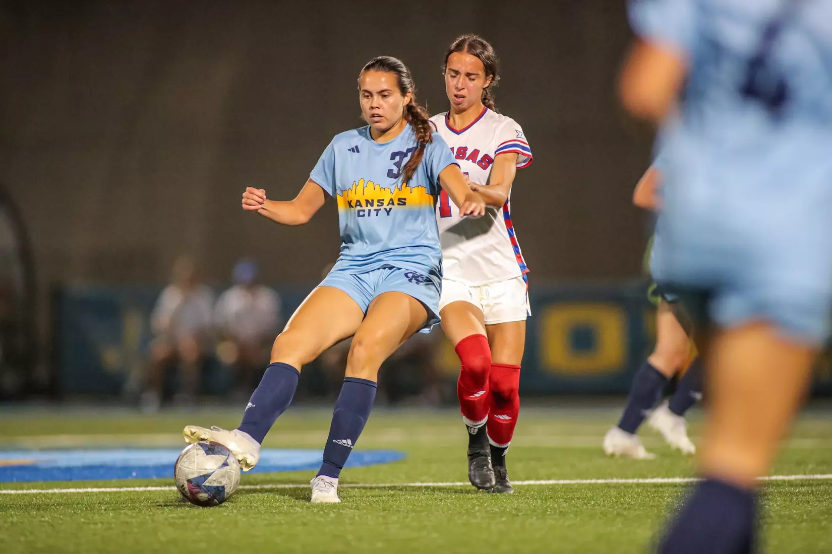 Kansas City Women's Soccer battled with (RV) Kansas on Sep. 7, 2023, forcing a 1-1 draw.