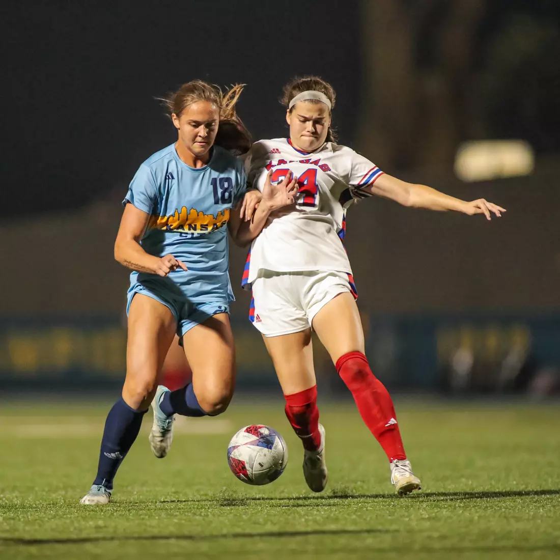 Kansas City Women's Soccer battled with (RV) Kansas on Sep. 7, 2023, forcing a 1-1 draw.