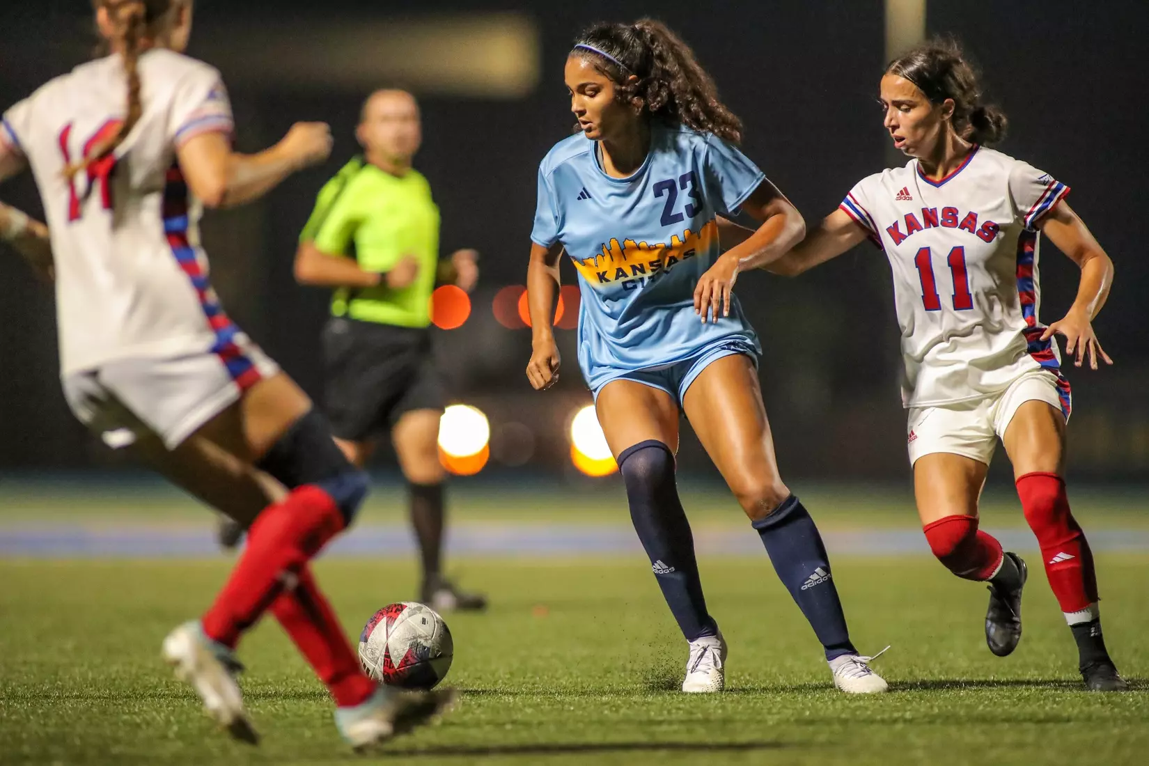Kansas City Women's Soccer battled with (RV) Kansas on Sep. 7, 2023, forcing a 1-1 draw.