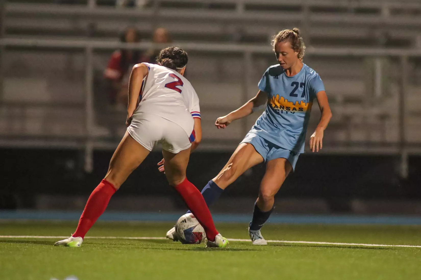 Kansas City Women's Soccer battled with (RV) Kansas on Sep. 7, 2023, forcing a 1-1 draw.