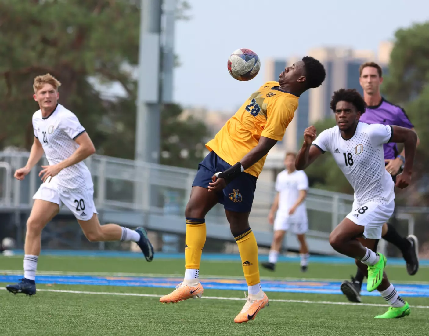 Following an extended weather delay, Kansas City Men's Soccer got an 89th minute equalizing penalty kick to draw with Omaha, 1-1, in the Roos' Summit League opener on Sep. 23, 2023.