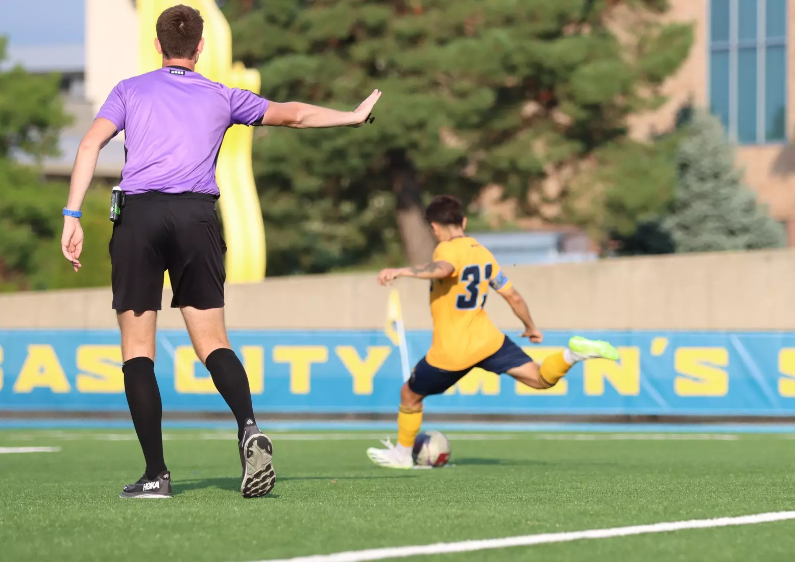 Following an extended weather delay, Kansas City Men's Soccer got an 89th minute equalizing penalty kick to draw with Omaha, 1-1, in the Roos' Summit League opener on Sep. 23, 2023.