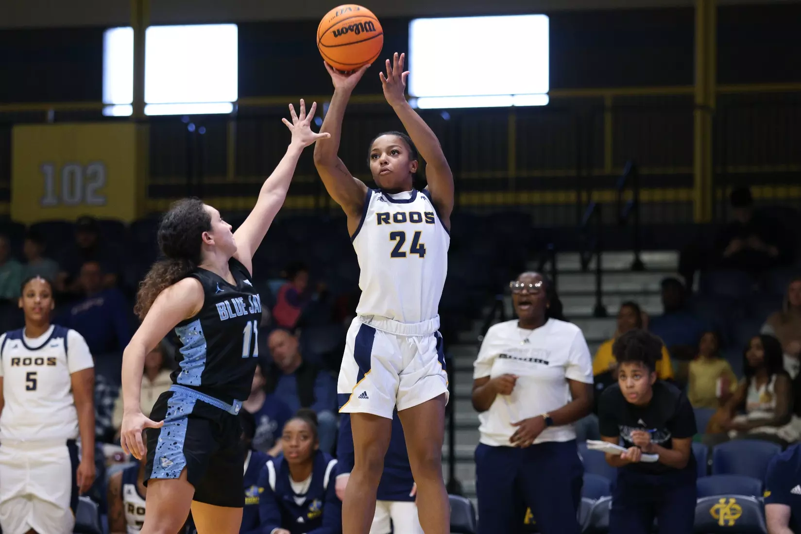 Kansas City Women's Basketball defeated Westminster 103-49 in its final game of non-conference play. Elauni Bennett earned her second double-double of the season, bringing down a team-high 21 rebounds and scoring 11 points.