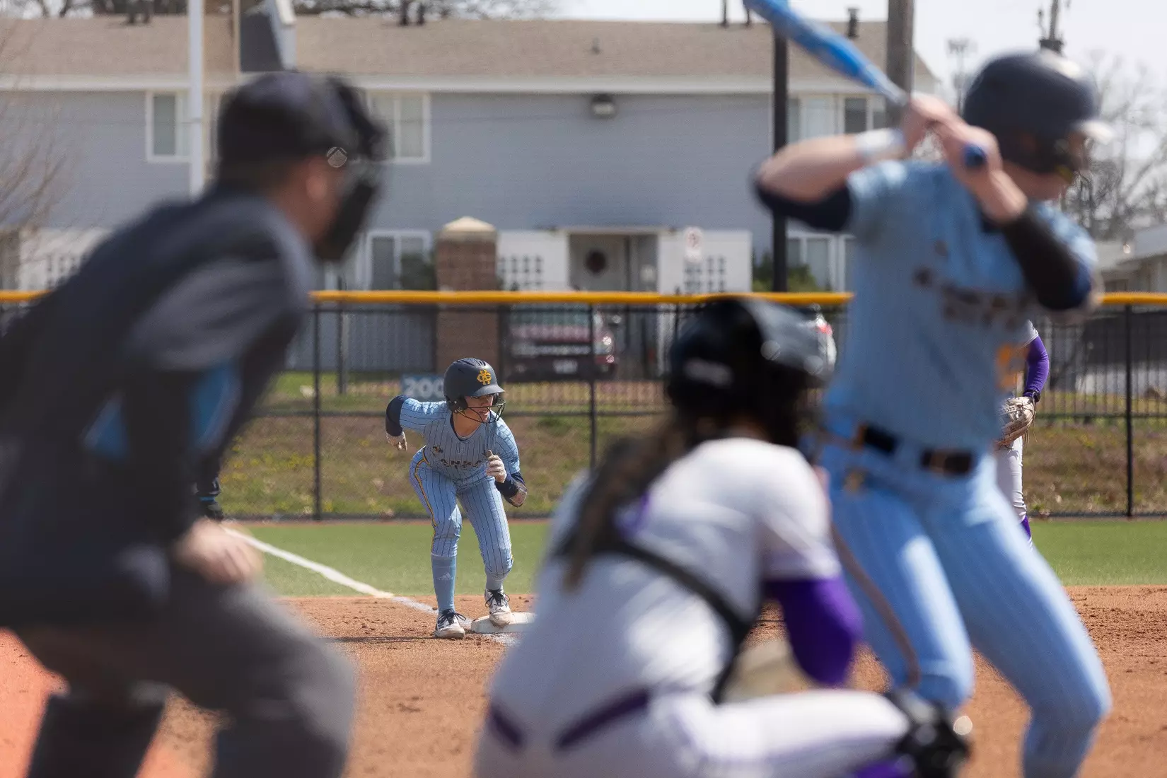 Kansas City Softball opened conference play by splitting a doubleheader with St. Thomas on March 23, 2024. The Roos won the first game, 3-2, and lost the second game, 8-1.