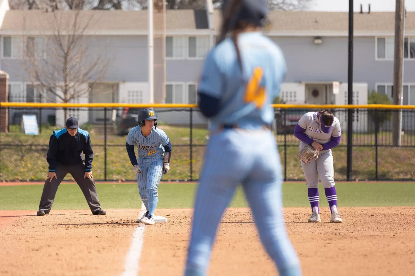 Kansas City Softball opened conference play by splitting a doubleheader with St. Thomas on March 23, 2024. The Roos won the first game, 3-2, and lost the second game, 8-1.