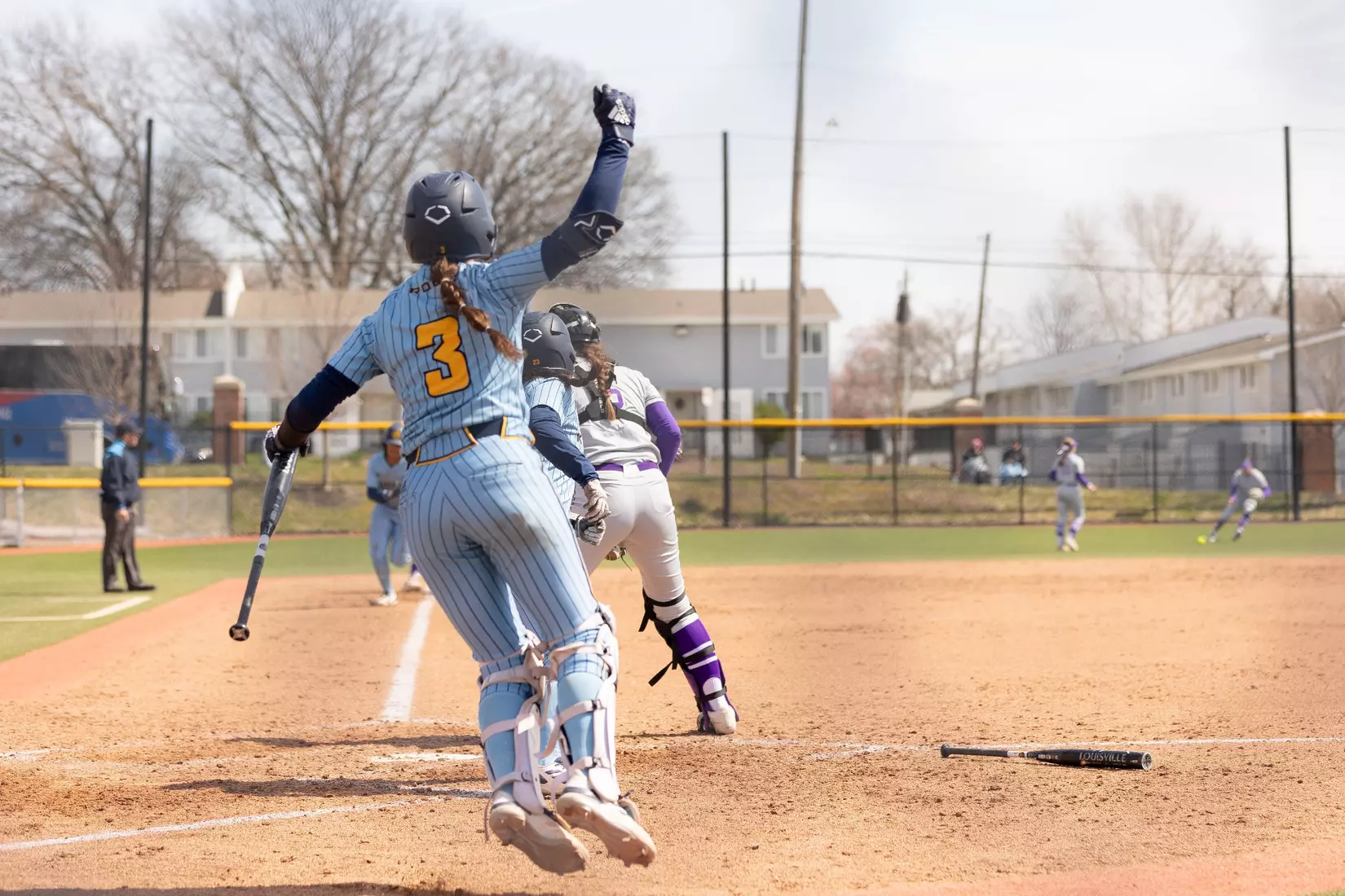 Kansas City Softball opened conference play by splitting a doubleheader with St. Thomas on March 23, 2024. The Roos won the first game, 3-2, and lost the second game, 8-1.