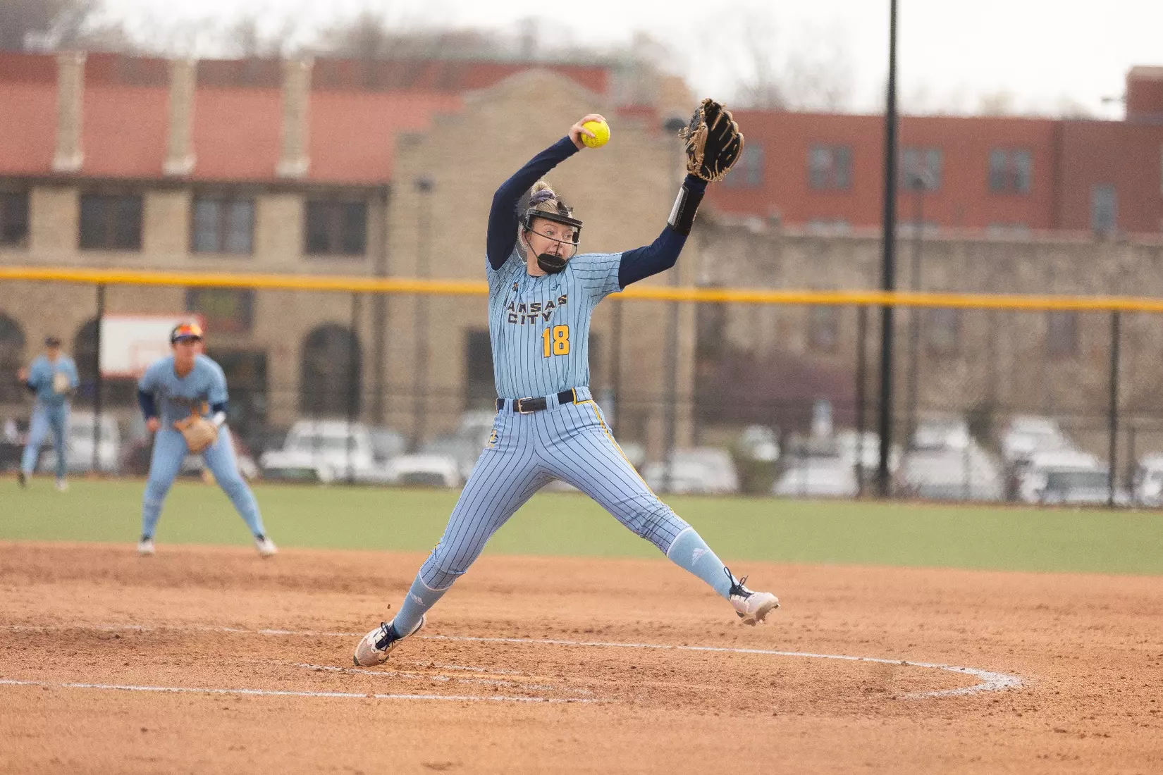Kansas City Softball opened conference play by splitting a doubleheader with St. Thomas on March 23, 2024. The Roos won the first game, 3-2, and lost the second game, 8-1.