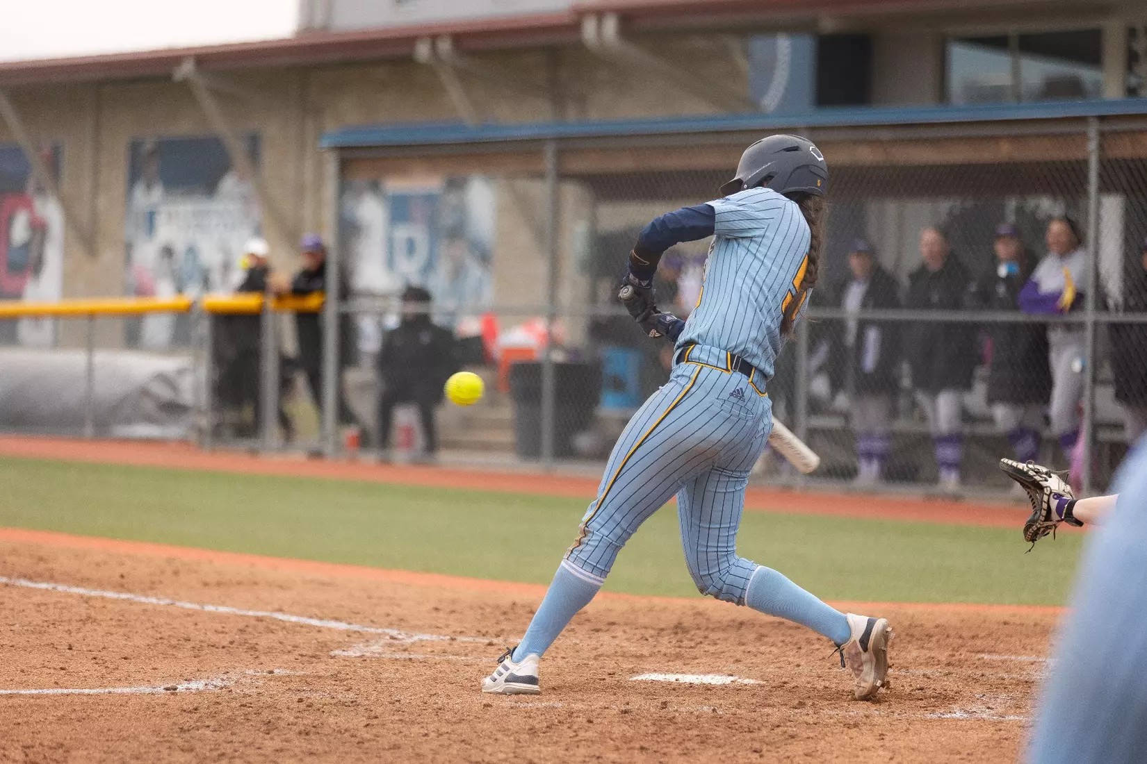 Kansas City Softball opened conference play by splitting a doubleheader with St. Thomas on March 23, 2024. The Roos won the first game, 3-2, and lost the second game, 8-1.
