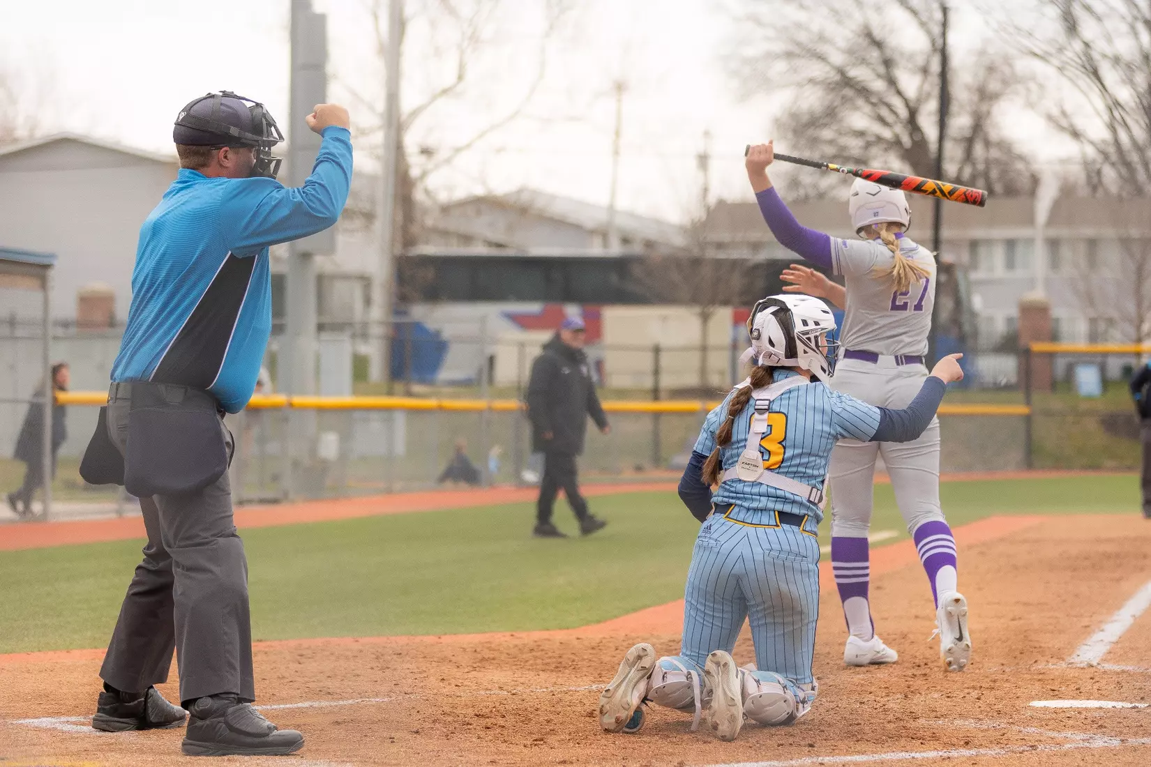 Kansas City Softball opened conference play by splitting a doubleheader with St. Thomas on March 23, 2024. The Roos won the first game, 3-2, and lost the second game, 8-1.