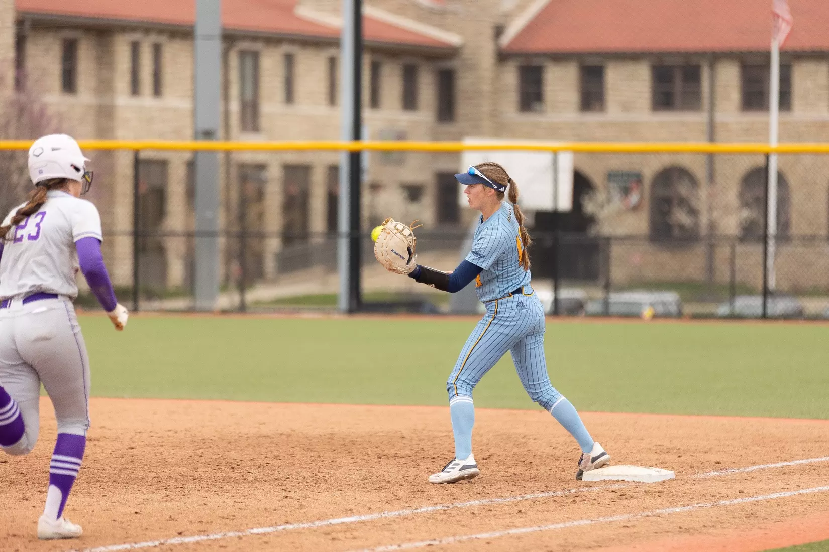 Kansas City Softball opened conference play by splitting a doubleheader with St. Thomas on March 23, 2024. The Roos won the first game, 3-2, and lost the second game, 8-1.