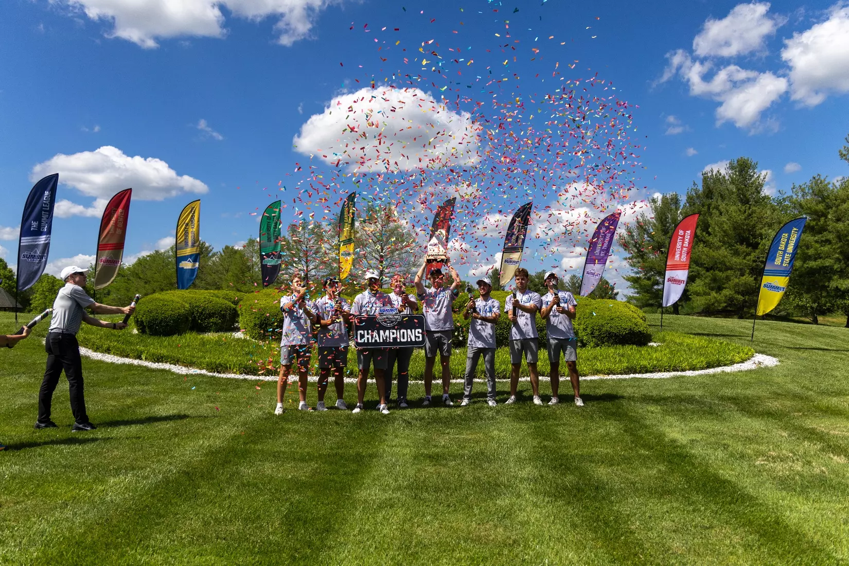 Kansas City Men's Golf repeated as Summit League Champions on April 30, 2024, behind a Championship MVP performance from Mesa Falleur and All-Championship showings from Lucas Dutartre and Max Cooper.