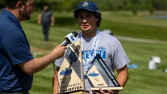 Kansas City Men's Golf repeated as Summit League Champions on April 30, 2024, behind a Championship MVP performance from Mesa Falleur and All-Championship showings from Lucas Dutartre and Max Cooper.