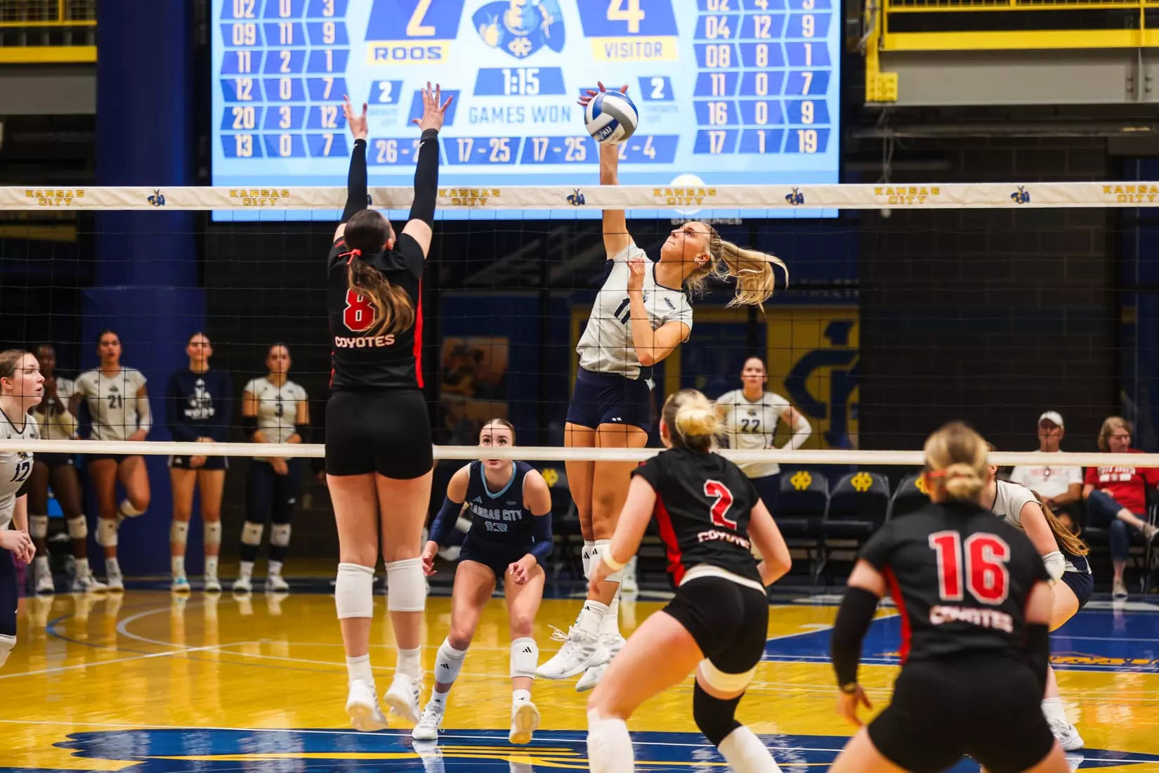 Kansas City Volleyball was unable to hold momentum after a thrilling first set, falling to South Dakota in four on Oct. 15, 2025.