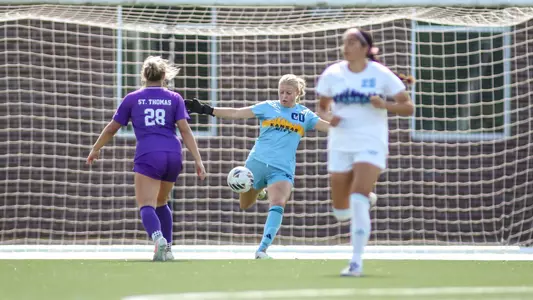 Anika Patton boots a ball in the Roos' 3-2 win over St Thomas
