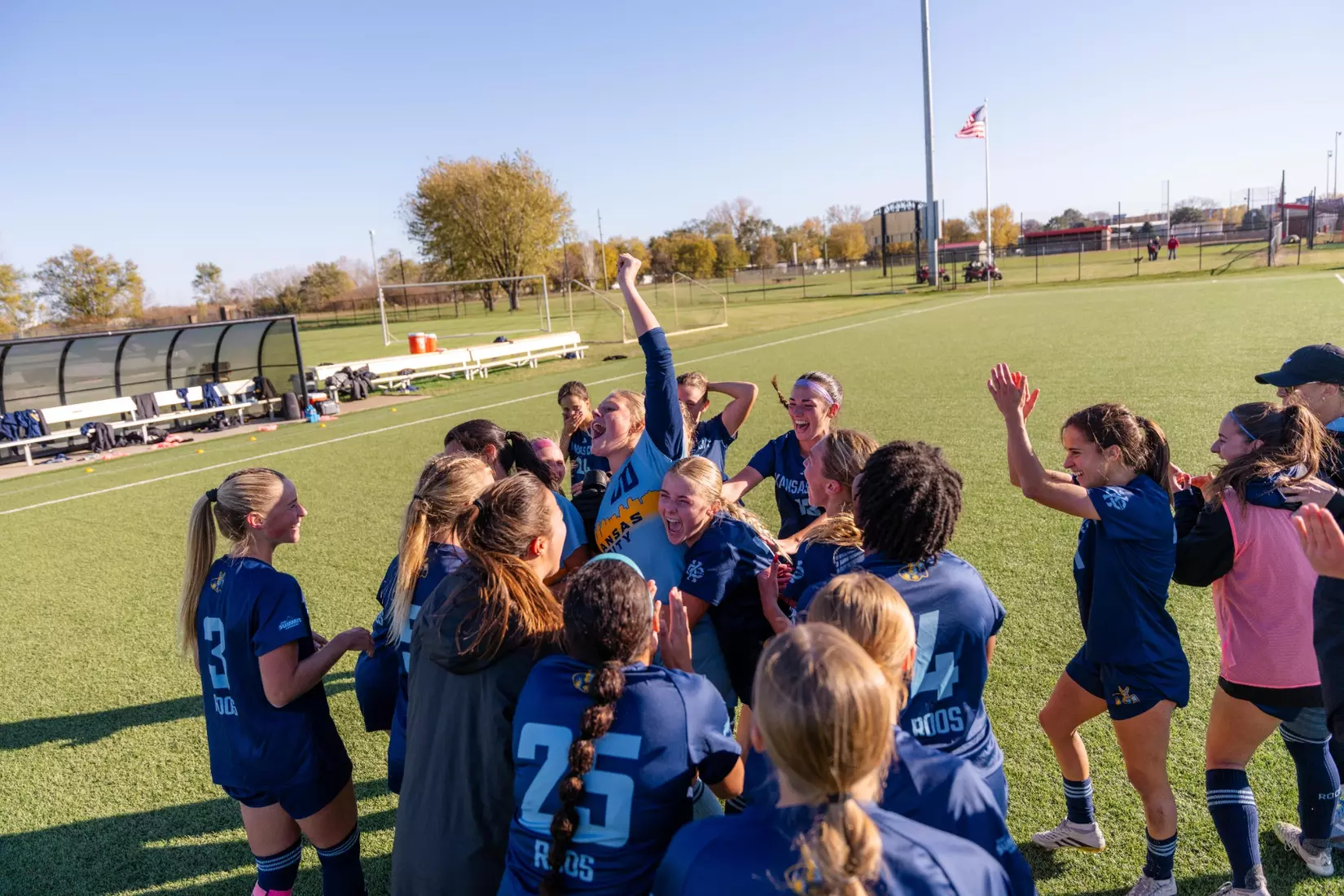 Kansas City Women's Soccer took down fourth-seeded South Dakota, 1-0 on Nov. 2, 2025. The Roos used a 16th minute goal from Olivia Platt and a clean sheet from Anika Patton to move on to the Summit League Semifinals for the first time in program history.