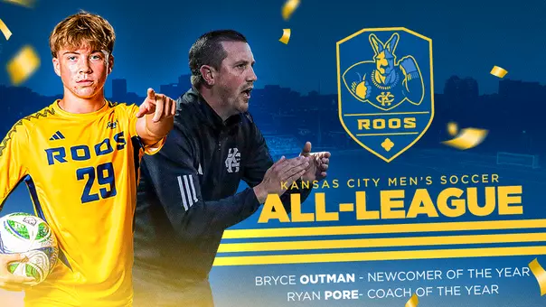 Men's Soccer Postseason Awards Graphic - Bryce Outman as Newcomer of the Year and Ryan Pore as Coach of the Year