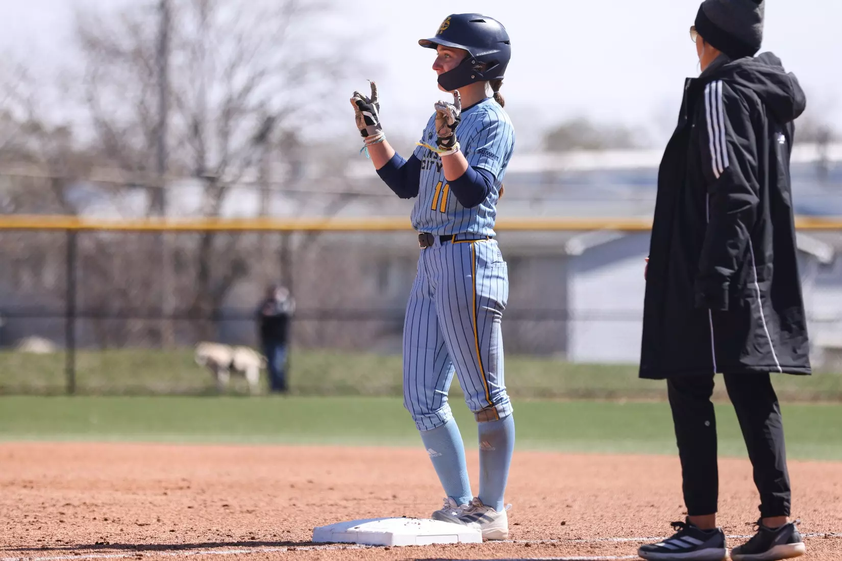 Kansas City Softball split its conference home opener with North Dakota State,  the Roos fell 9-1 (6 innings) in the first game and won the second 4-2. Hannah Burks earned the first win of her collegiate career from the circle throwing two strikeouts and holding the Bison to five hits.