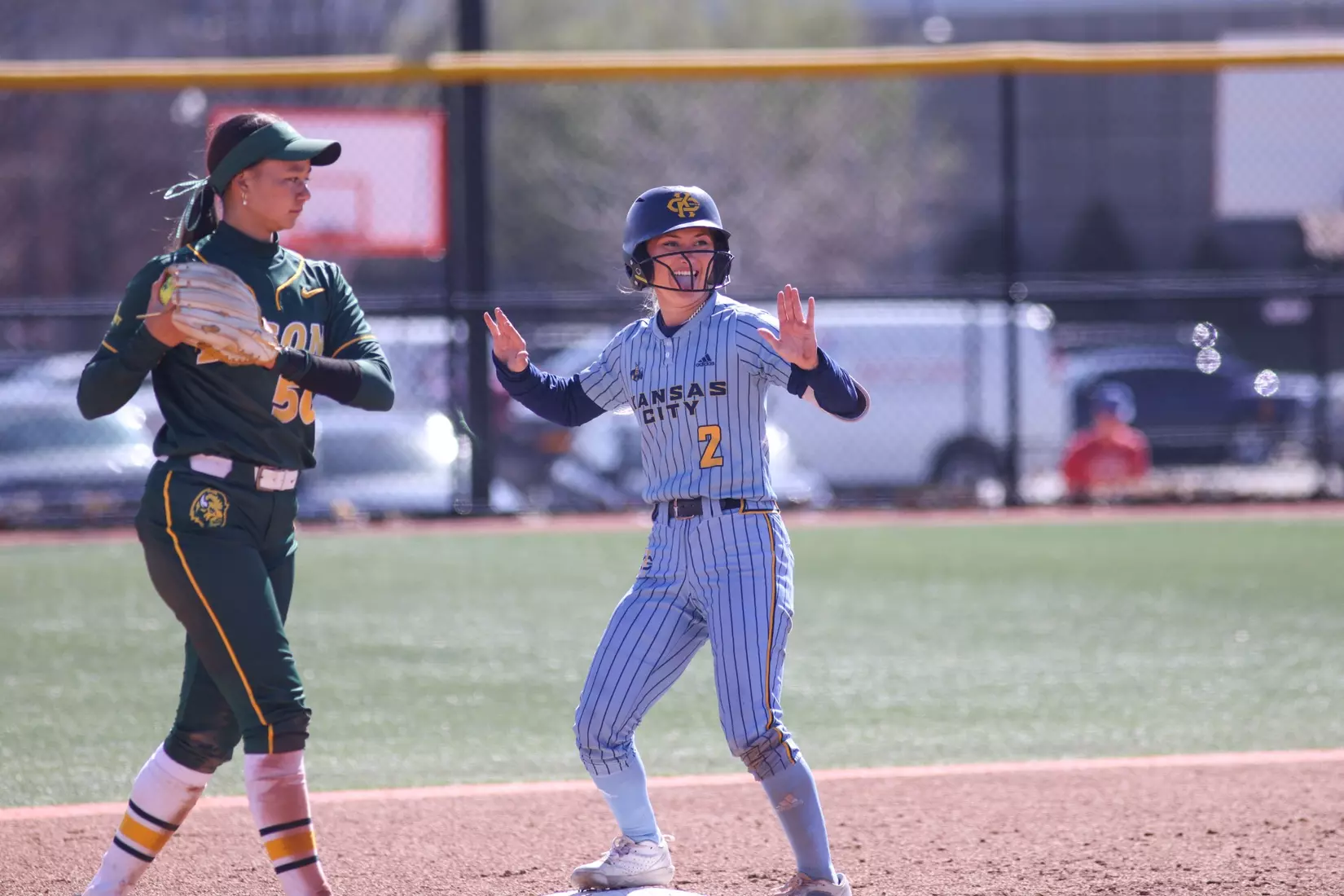 Kansas City Softball split its conference home opener with North Dakota State,  the Roos fell 9-1 (6 innings) in the first game and won the second 4-2. Hannah Burks earned the first win of her collegiate career from the circle throwing two strikeouts and holding the Bison to five hits.