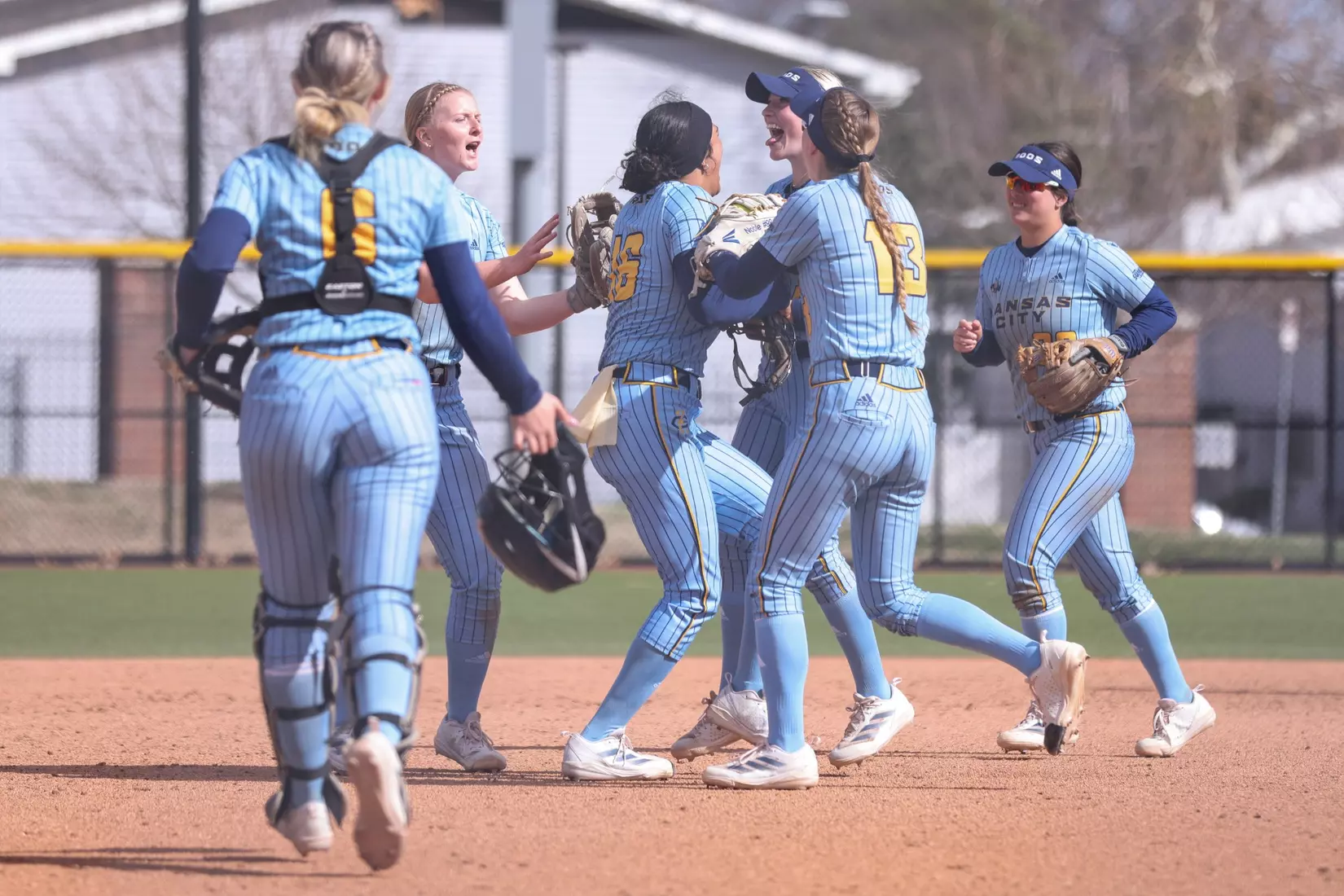 Kansas City Softball split its conference home opener with North Dakota State,  the Roos fell 9-1 (6 innings) in the first game and won the second 4-2. Hannah Burks earned the first win of her collegiate career from the circle throwing two strikeouts and holding the Bison to five hits.