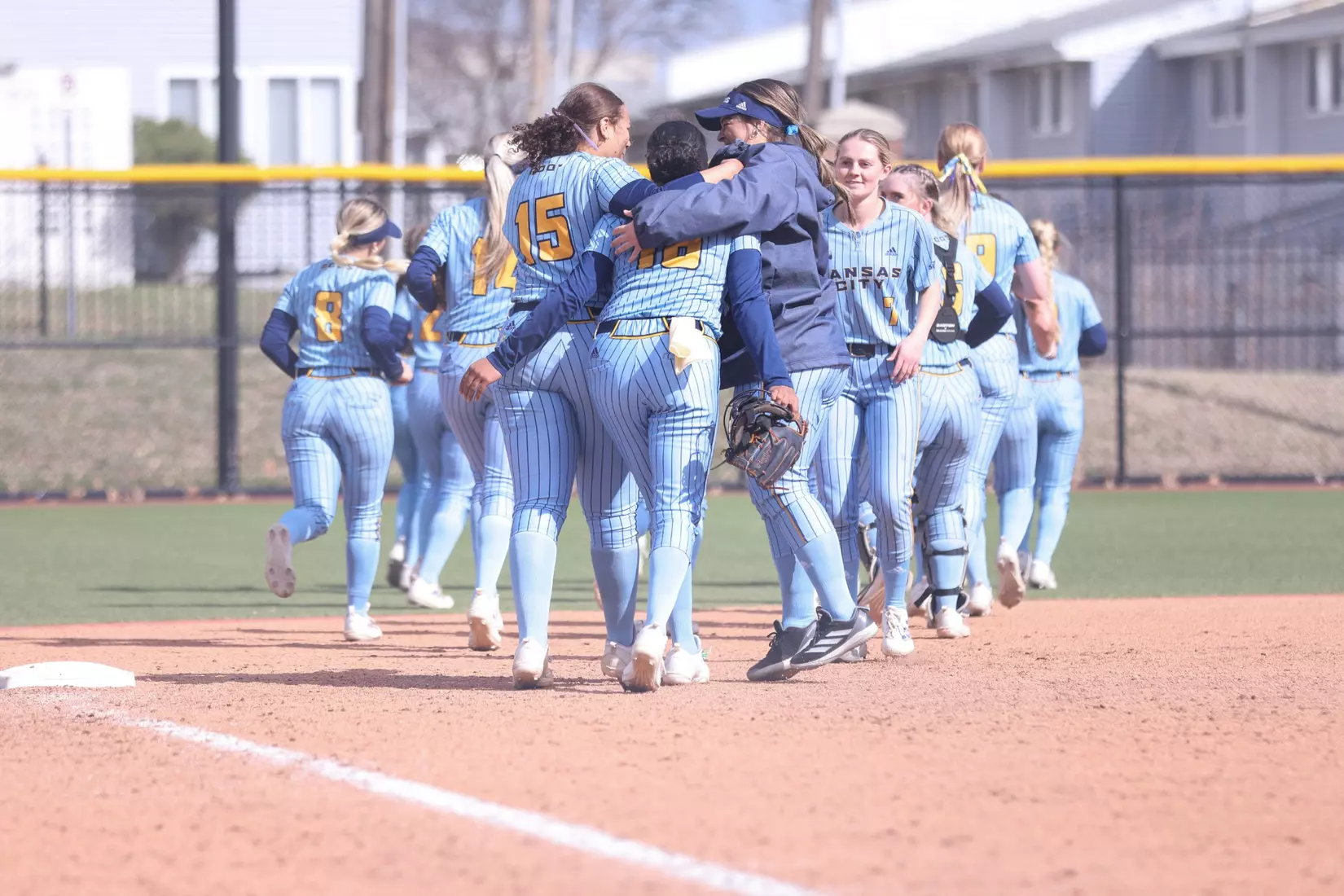 Kansas City Softball split its conference home opener with North Dakota State,  the Roos fell 9-1 (6 innings) in the first game and won the second 4-2. Hannah Burks earned the first win of her collegiate career from the circle throwing two strikeouts and holding the Bison to five hits.