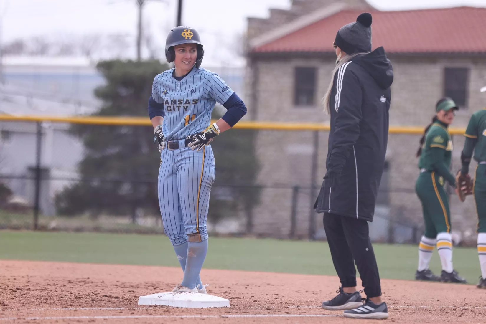 Kansas City Softball split its conference home opener with North Dakota State,  the Roos fell 9-1 (6 innings) in the first game and won the second 4-2. Hannah Burks earned the first win of her collegiate career from the circle throwing two strikeouts and holding the Bison to five hits.