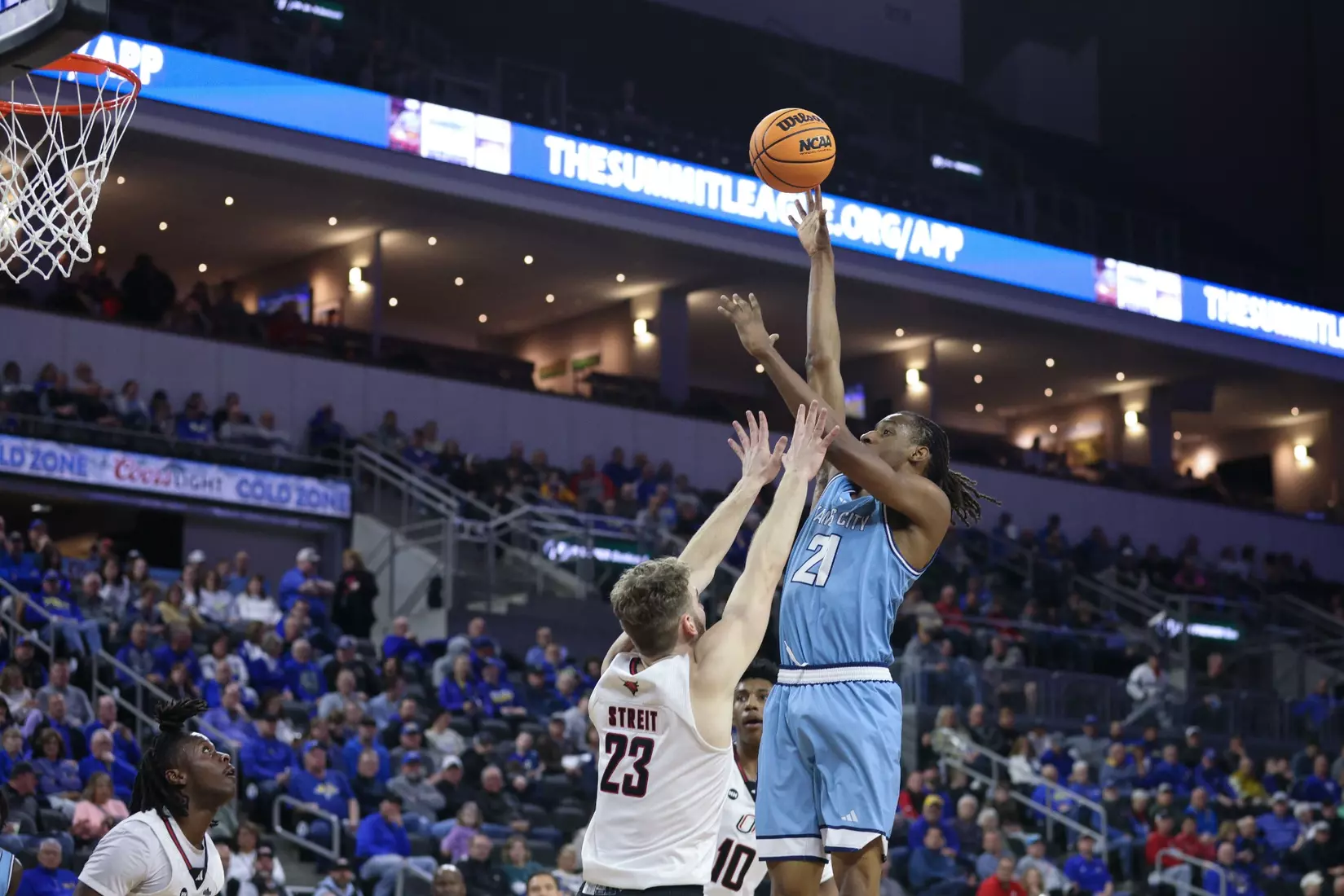 Kansas City Men's Basketball fell to #1 Omaha, 70-61 in the Quarter Finals of the Summit League Tournament. Jamar Brown went for 27 points and Melvyn Ebonkoli had a career-high tying three blocks.