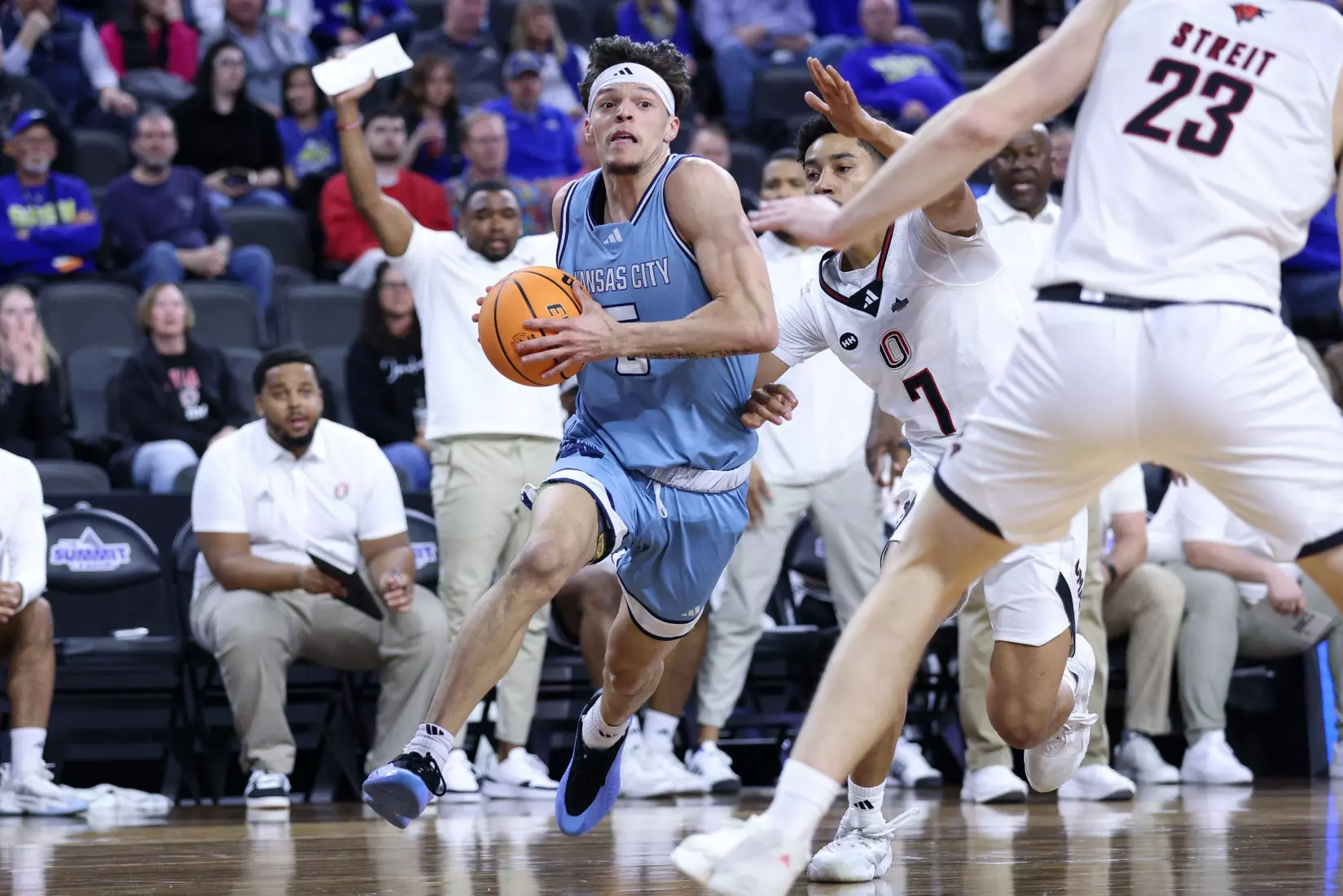Kansas City Men's Basketball fell to #1 Omaha, 70-61 in the Quarter Finals of the Summit League Tournament. Jamar Brown went for 27 points and Melvyn Ebonkoli had a career-high tying three blocks.