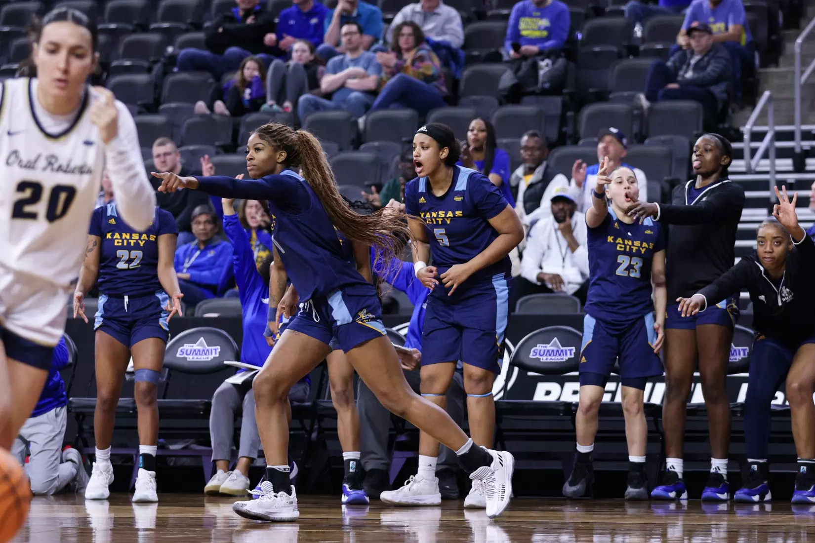 Kansas City Women's Basketball ended its season against No. 2 Oral Roberts in the Summit League Semifinals, falling 73-95. Elauni Bennett put up her second double-double of the tournament with 17 points and 13 rebounds. Alayna Contreras led the Roos from the field with 20 points.