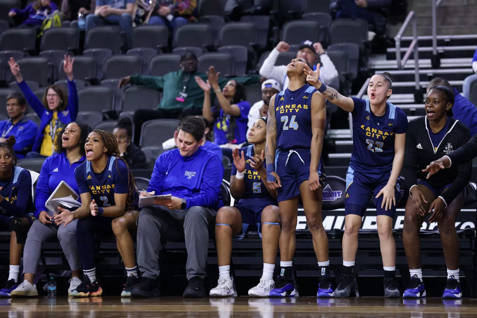 Kansas City Women's Basketball ended its season against No. 2 Oral Roberts in the Summit League Semifinals, falling 73-95. Elauni Bennett put up her second double-double of the tournament with 17 points and 13 rebounds. Alayna Contreras led the Roos from the field with 20 points.