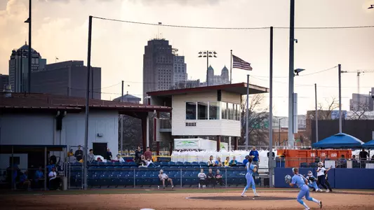 A photo of the Kansas City skyline behind Urban Youth Academy as the Roos took on Creighton in the foreground