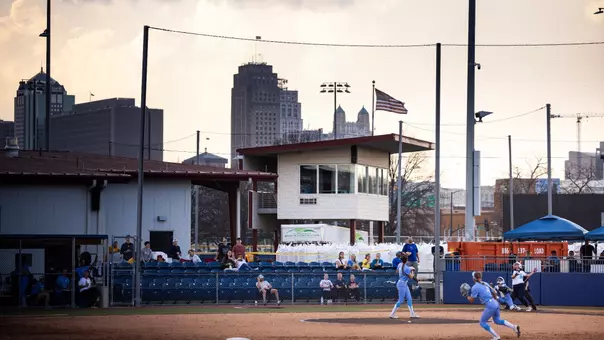 A photo of the Kansas City skyline behind Urban Youth Academy as the Roos took on Creighton in the foreground