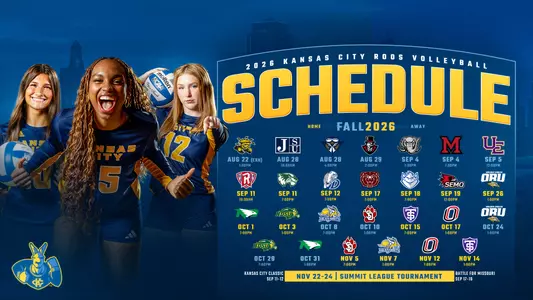 A graphic featuring the logos of all of Kansas City Volleyball's 2026 season opponents, including photos of student-athletes Coco Buschhorn, Ryanne Wattree and Chloe Kaminski