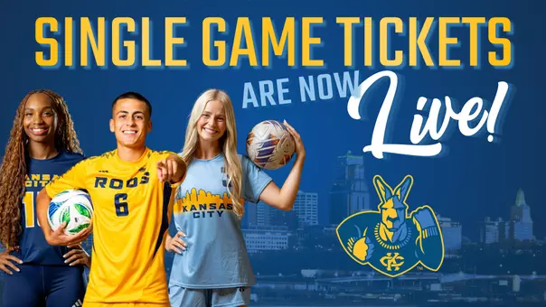 Graphic reading "Single Game Tickets are now live" featuring photos of Olivia Platt, Ryanne Wattree and Miguel Fernandez