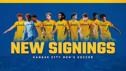 A graphic featuring the text "Kansas City Men's Soccer New Signings" and photos of the Roos' nine new student-athletes