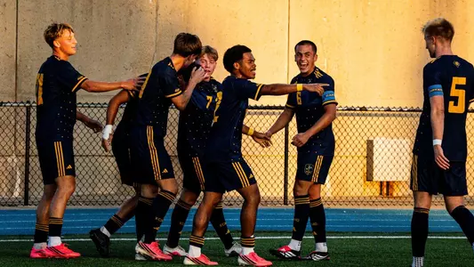 A group of Kansas City players celebrate after Mariano Beunza's goal against Michigan State