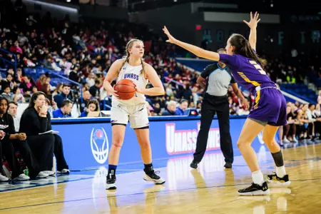 January 18, 2024, Lowell, MA:
The UMass Lowell women’s basketball team takes on the UAlbany Great Danes at the Tsongas Center in Lowell, Massachusetts. Thursday, January 18, 2024.
(Photo by Nick Grace/UMass Lowell Athletics)