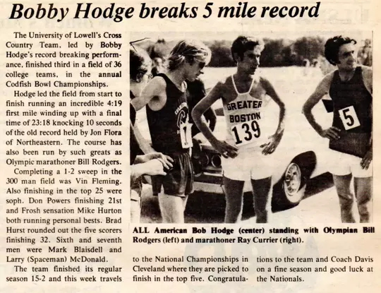 Newspaper clipping about Bob Hodge breaking 5 mile record.