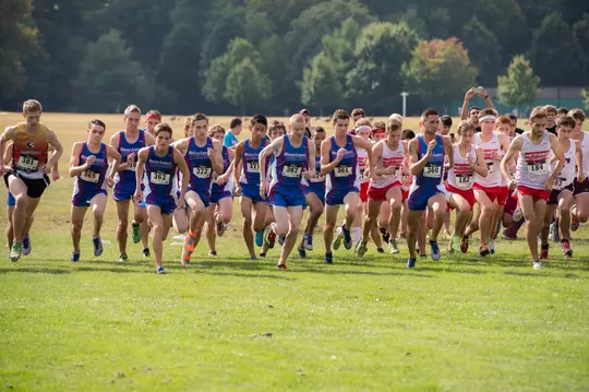 Starting pack of runners at cross country meet.